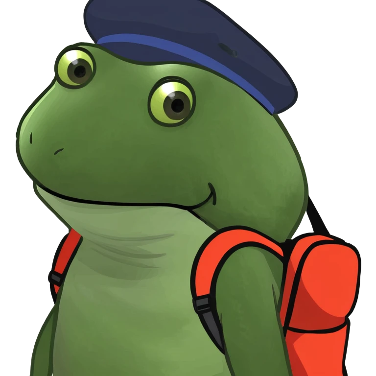 bufo frog hiking in the mountains, wearing a backpack and hat emoji