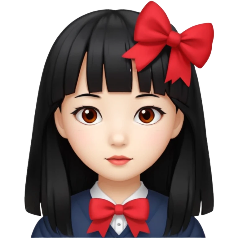 Asian student girl little with long straight black hair, bangs, red bow emoji