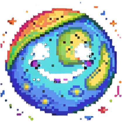 vibrant multicolored planet with bright spots and a happy smiling face emoji