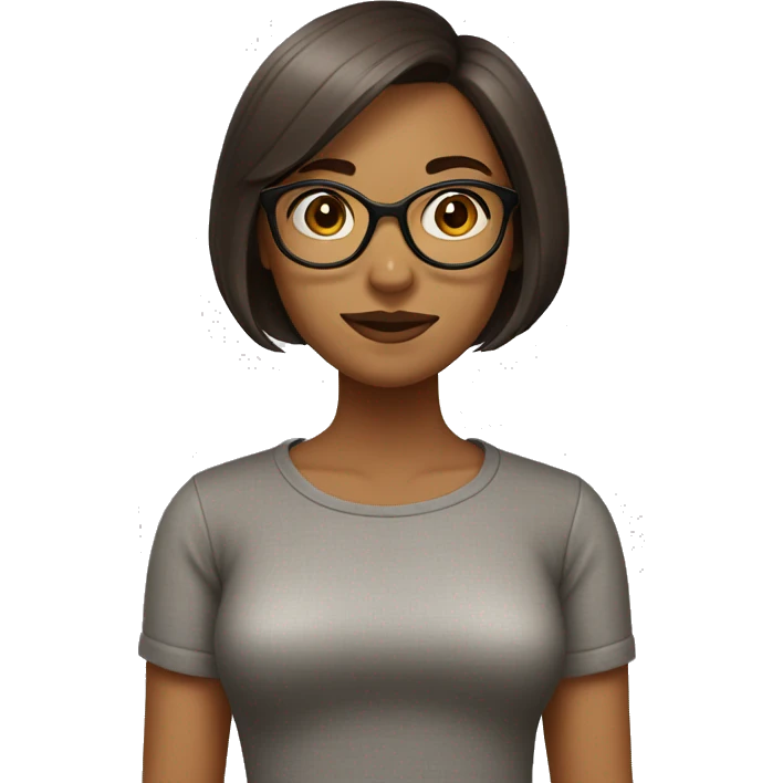 A woman with a fair, round face, large eyes, and a small mouth. She wears glasses and has a cute, shoulder-length bob haircut in brown emoji