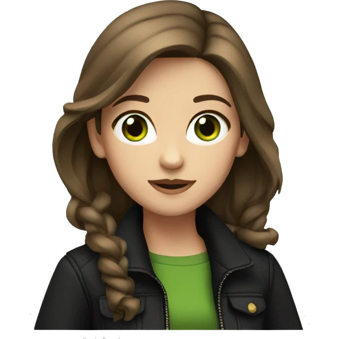 girl in a black jacket, brown hair, green eyes  emoji