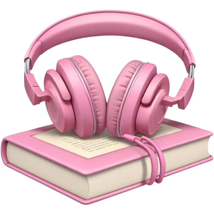  pink pair of modern headphones resting on top of a closed book, soft shadows, realistic style, calm and cozy mood, isolated on transparent background emoji