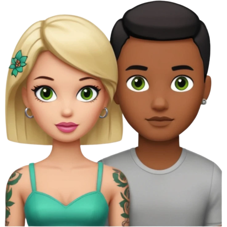 Brown skin blonde hair brown eyed barbie with her pale boyfriend with black short hair and green eyes with tattoos emoji