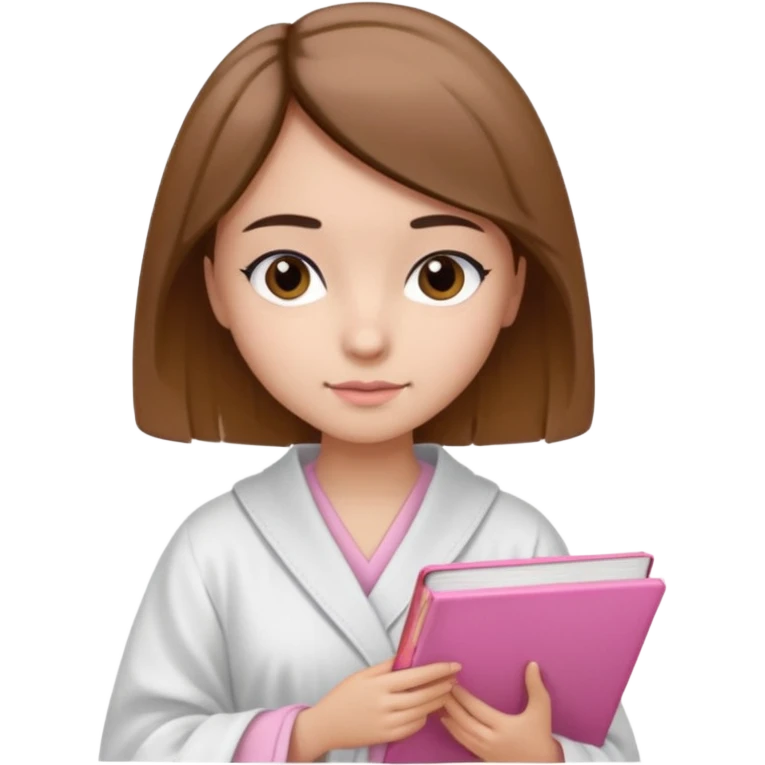 Девушка с короткими волосами до плеч русого цвета, с черными бровями, карие глаза, у неё белый халат, в руках она держит розовую книгу emoji