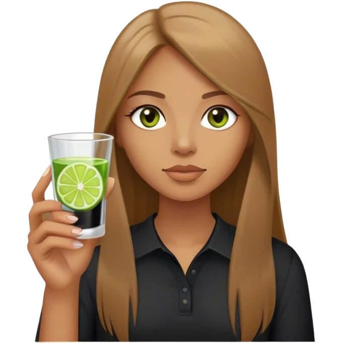 tan woman, black shirt, long light brown straight hair, grey eyes, holding a shot with lime emoji