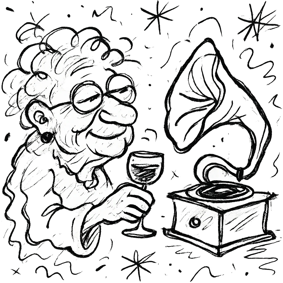 old lady with wineglass listening to gramophone emoji