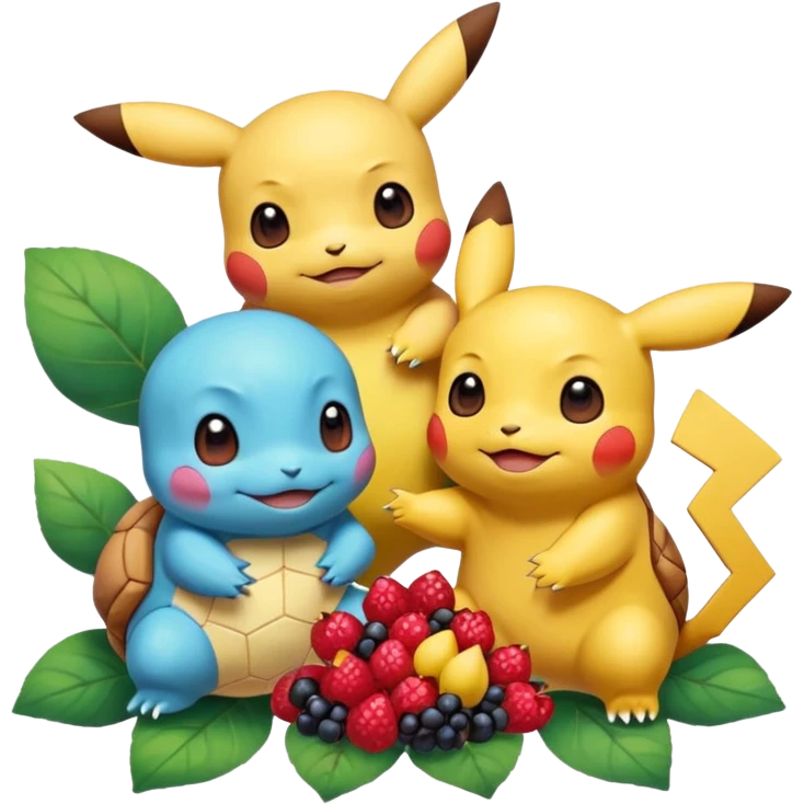Two Pokémon are playing in a field. Pikachu has many berries, but Squirtle has none. Pikachu sees this is unfair, so he shares the berries with Squirtle. They smile and eat together. Show this as a cute Pokémon emoji scene about justice and fairness. emoji