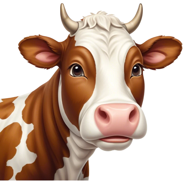 Meme-Worthy Cute Sleeping Brown and White Cow Portrait Emoji, Head resting peacefully with a contented smile, showcasing a robust build and a luxuriously soft patterned hide of brown and white, eyes shut in a serene, restful nap, Simplified yet hilariously adorable features, highly detailed, glowing with a soft, drowsy light, high shine, relaxed and utterly lovable, stylized with an air of playful laziness, bright and heartwarming, soft glowing outline, capturing the essence of a comically sleepy cow, so meme-worthy it feels like it could instantly become the next viral sensation of adorable slumber! emoji