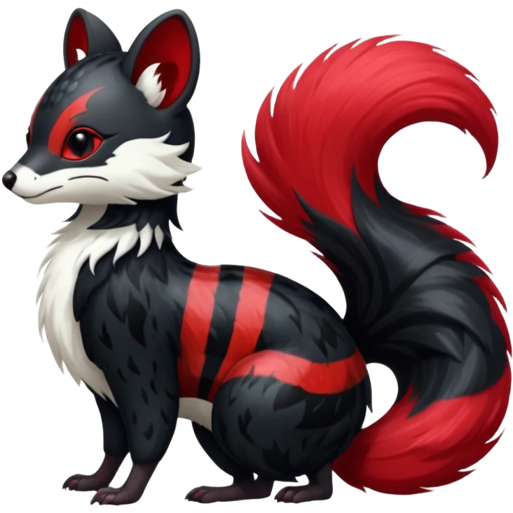 Feral Rare Fantasy shiny soft fuzzy furry vibrant tropical obsidian-black and crimson-red Vernid-Trico-species-creature by LiLaiRa, random markings, tufted tail, tufted ears, full body with markings with white skunk-tail-stripes emoji