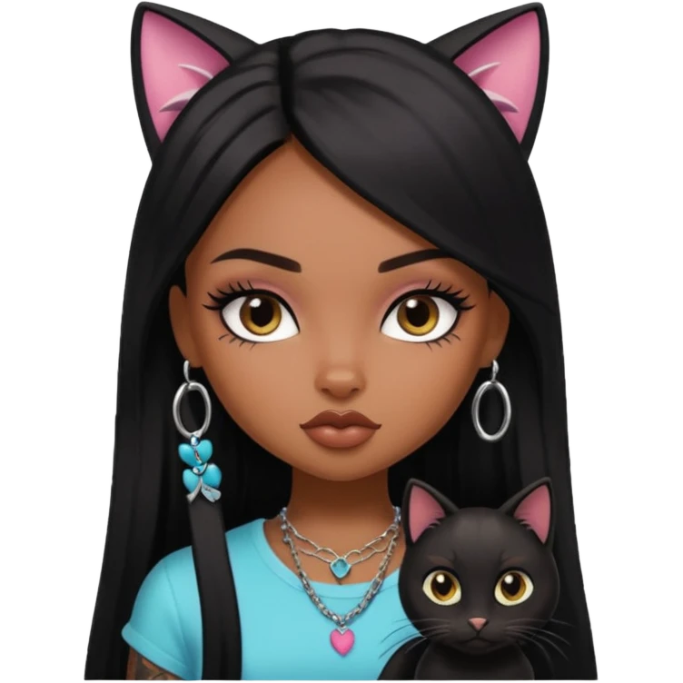 black long straight haired pretty bratz baddie with tattoo and black cat emoji