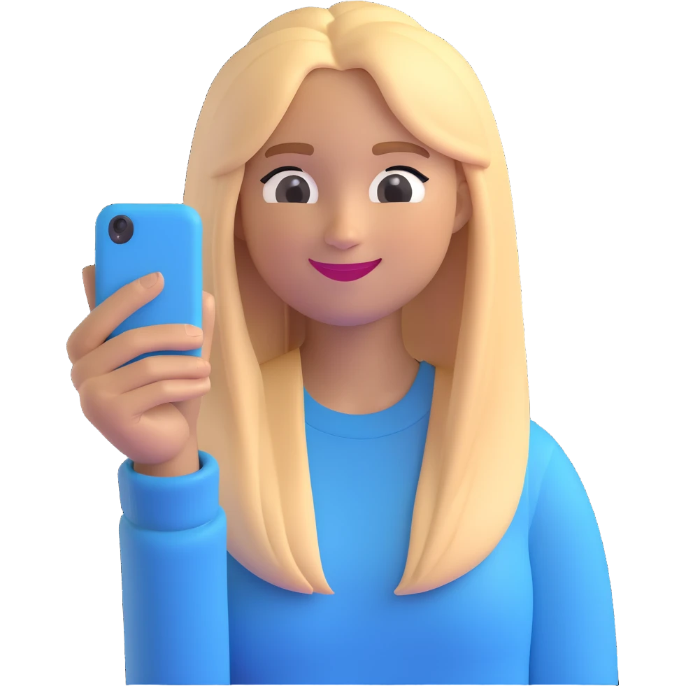 3D emoji style character with long straight blonde hair, light skin, winking, wearing a light sweater, selfie pose emoji