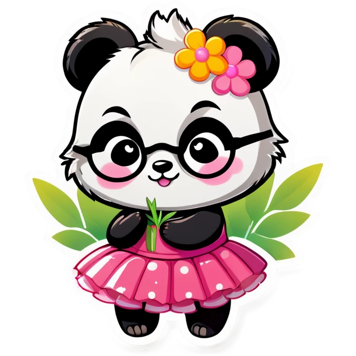 Cute female Panda wearing a tutu and glasses with a flower above 1 ear emoji