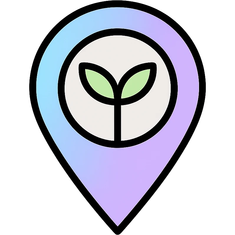 minimal icon for Nora the nutrition navigator, stylized compass or location pin with leaf or sprout motif, soft gradient of light blue, light purple, and light gray, no human features emoji