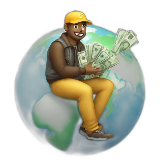 man sitting on globe with money bag emoji