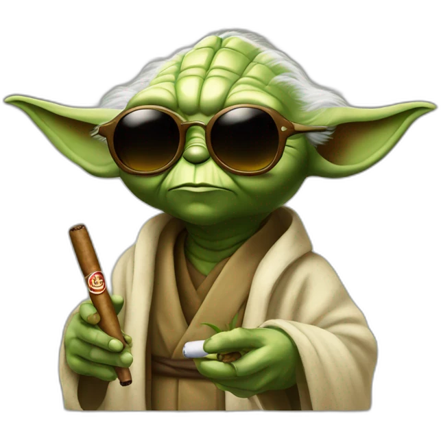 Yoda with a cigar in his mouth and wearing sunglasses emoji