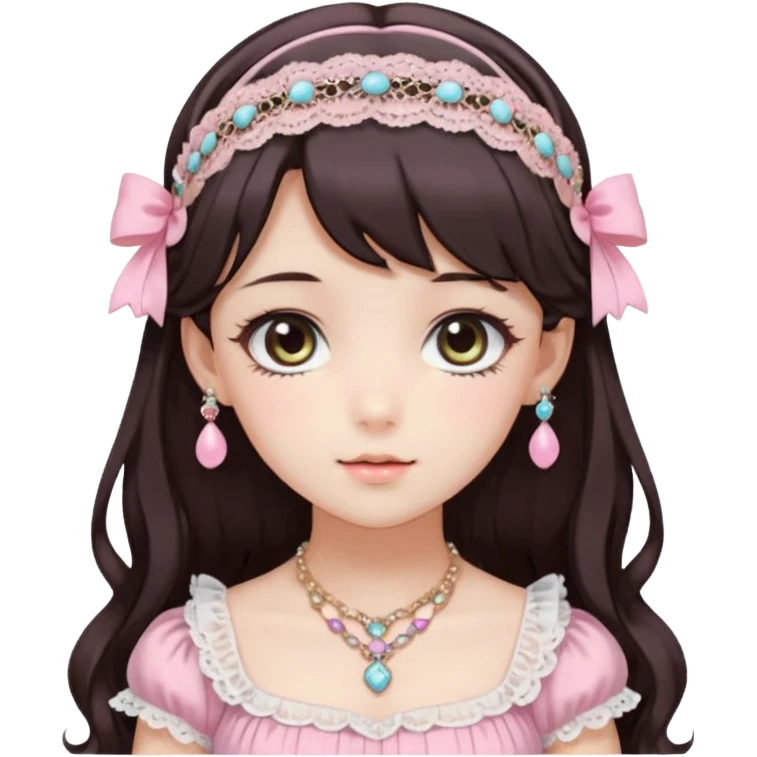 Gorgeous spectacular epic realistic mature anime-styled smooth soft shiny romantic pastel anime style lady with blushing cheeks, with a lace-maiden-headband, long beautiful luscious stylish hair, big pretty eyes, dark-brown hair, colorful pastel Lolita dress, necklaces, jewels emoji