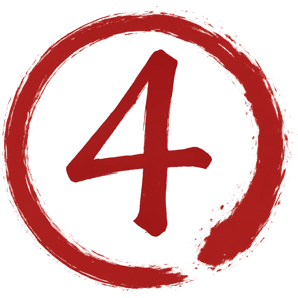 Edit the image to depict the number 4 in a Chinese Eastern style with a rich red color. The number should have a calligraphic form similar to the reference. Surround the number with a torn, smeared circular frame in the style of a Japanese enso, with edges that are highly artistic and messy. The inside of the circle should have a transparent background and no decoration. emoji