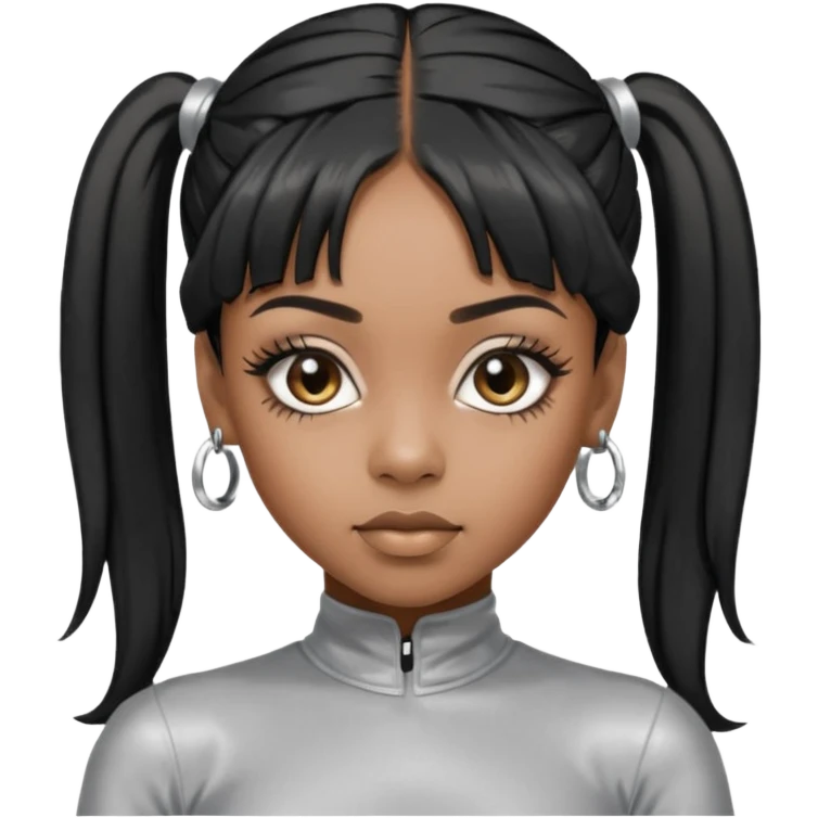 Left Eye from TLC with dark skin, long black ponytail hair, silver outfit emoji