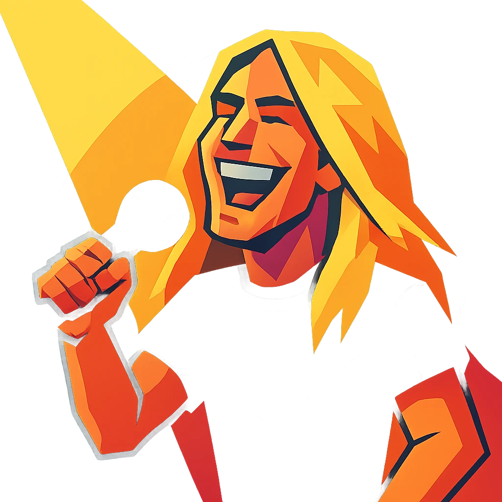 stylized portrait of Dave the singer, long blond hair, big smile, performing on stage with spotlight, colorful animated style emoji