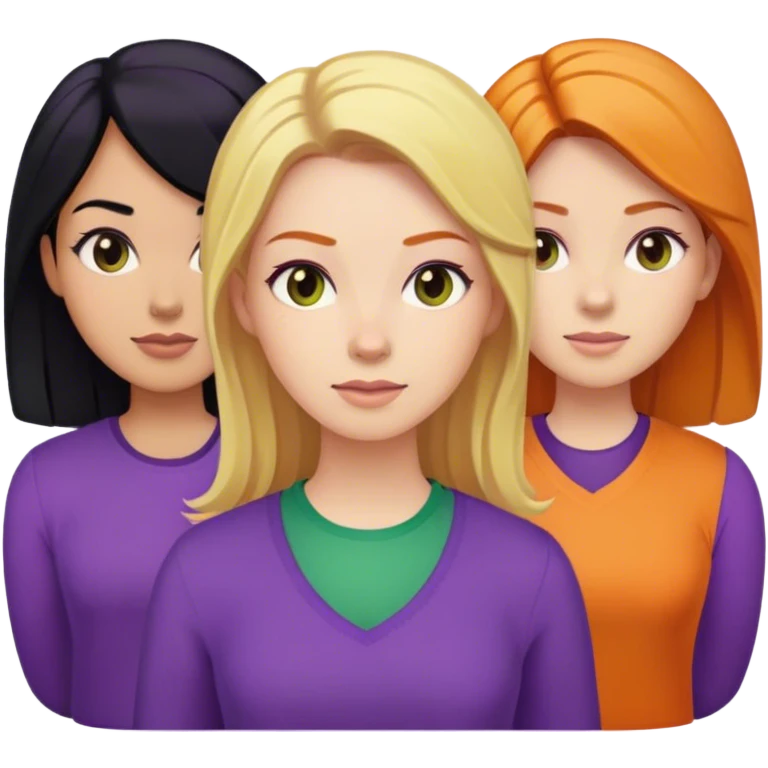 Black hair lady whit a blonde hair lady and a ginger hair lady wearing purple, green and orange clothes emoji