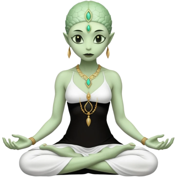a Reptilian alien woman,in meditation, white dress like a priestess emoji