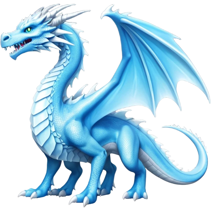 Cinematic Noble Fierce Ice Dragon full body Emoji, Poised and imposing, distinct long elegant snout, with a slender, scaled body shimmering in glacial hues of icy blue, frostbitten silver, and crystalline white, breathing out frost, with piercing, glowing eyes that radiate the chilling depths of an arctic storm; rendered in detail. displaying its wings emoji