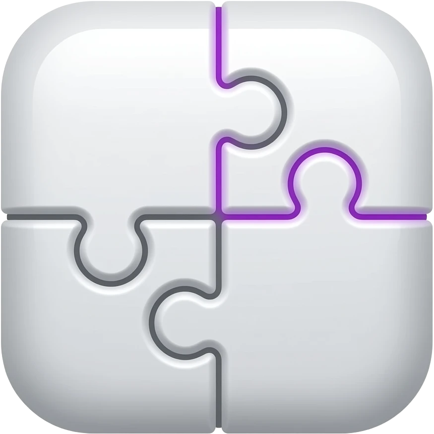 Minimalist iOS-style emoji of a 4-piece puzzle, clean and smooth design, one piece highlighted in glowing purple dotted outline, soft gradients, glossy finish, centered composition, neutral background emoji