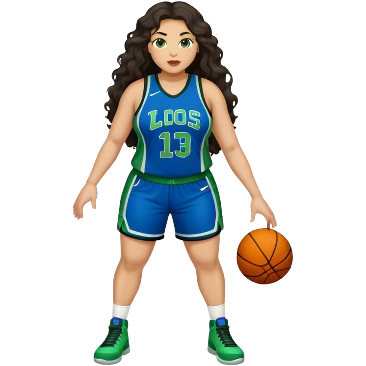 Full Body light skin Latino plus size full figured women basketball player with long wavy dark hair  full face  wearing blue and green uniform emoji
