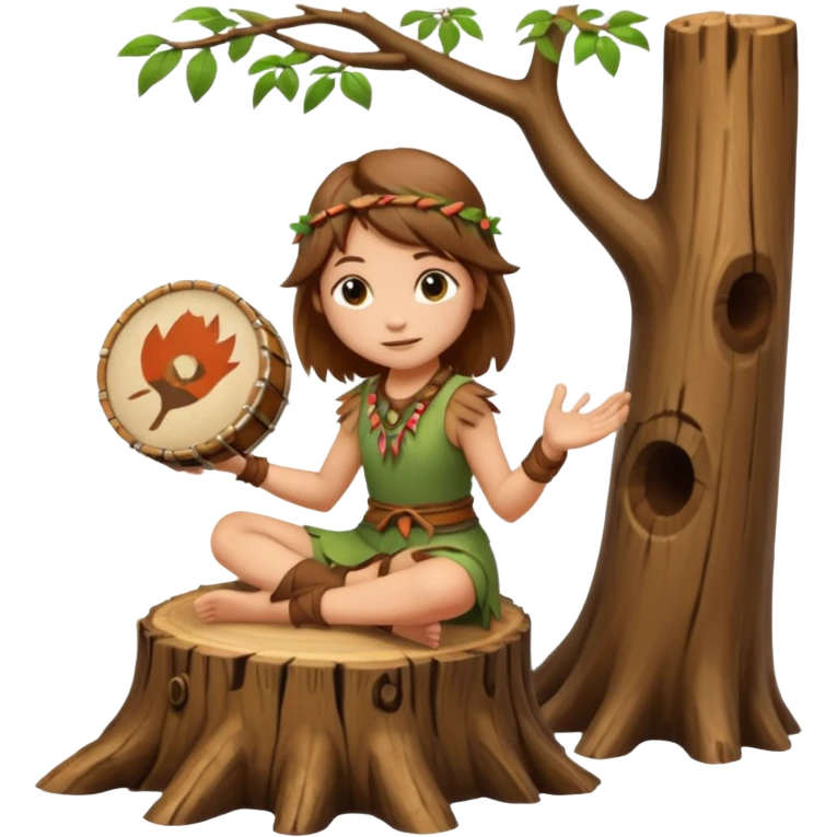 forest spirit girl with short brown mullet playing hand drum, sitting on tree stump emoji