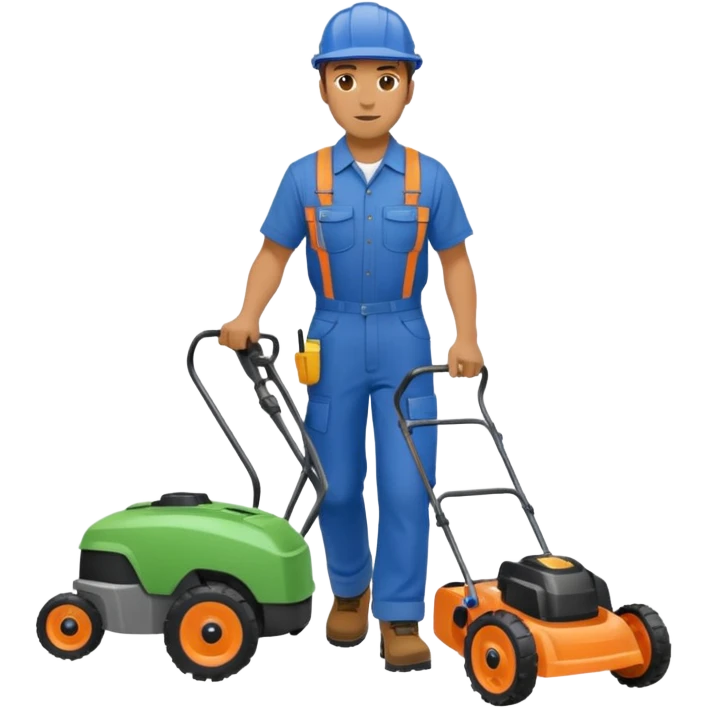 Maintenance worker
with lawnmower, full body, walking emoji