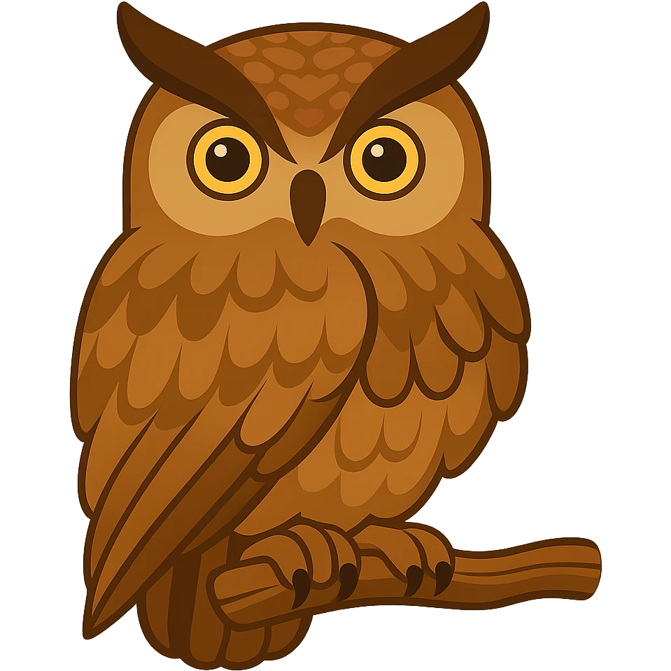 Create a vector color illustration of the owl as shown in the references. Use clear contours and flat color fills without gradients, but include well-crafted shadows and highlights to give volume. The detailing should be above average, with natural brown and beige tones and expressive yellow eyes. The style is modern vector graphics, not primitive and not photorealistic, with a refined and detailed look. emoji