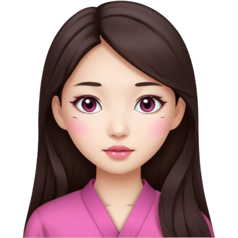 Asian girl with long brunette hair, white skin, makeup pink natural  emoji