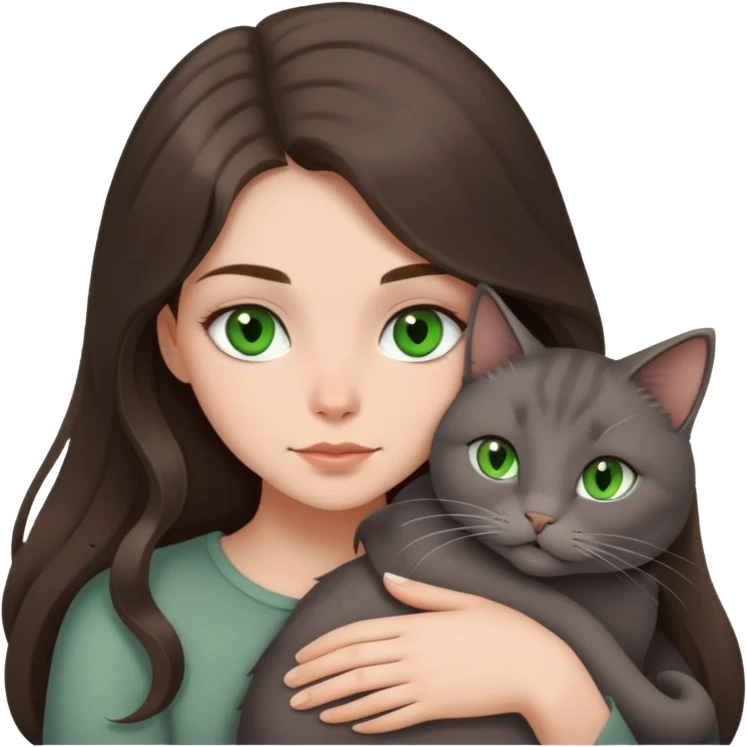Brunette girl with long hair and green eyes snuggling a Smokey gray cat  emoji