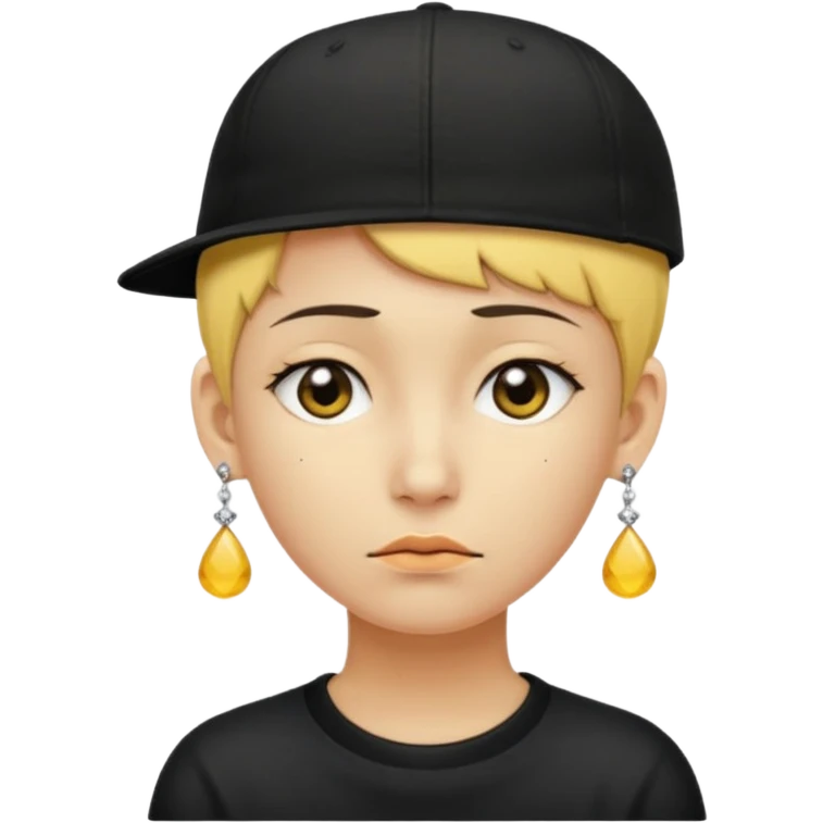 Create me an emoji like that, sad, with earrings, a black cap backwards, yellow skin like an emoji, and short hair down to the nape of my neck. emoji