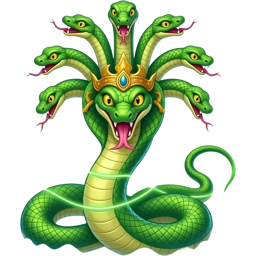 Ananta Shesha, the divine serpent king with multiple heads, coils binding enemies, glowing green and gold scales, magical binding effect, ocean background, card game style. emoji
