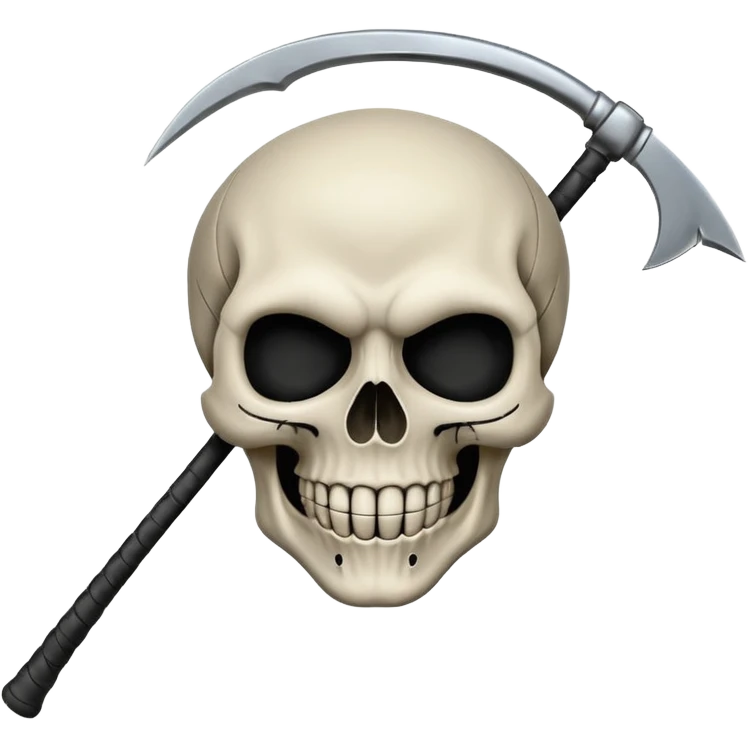 A laughing skull with a scythe crossed behind it, one eye socket winking. Clean, stylized lines, flat vector. Medieval woodcut style. Black and white with one accent color (tarnished silver). No background. emoji
