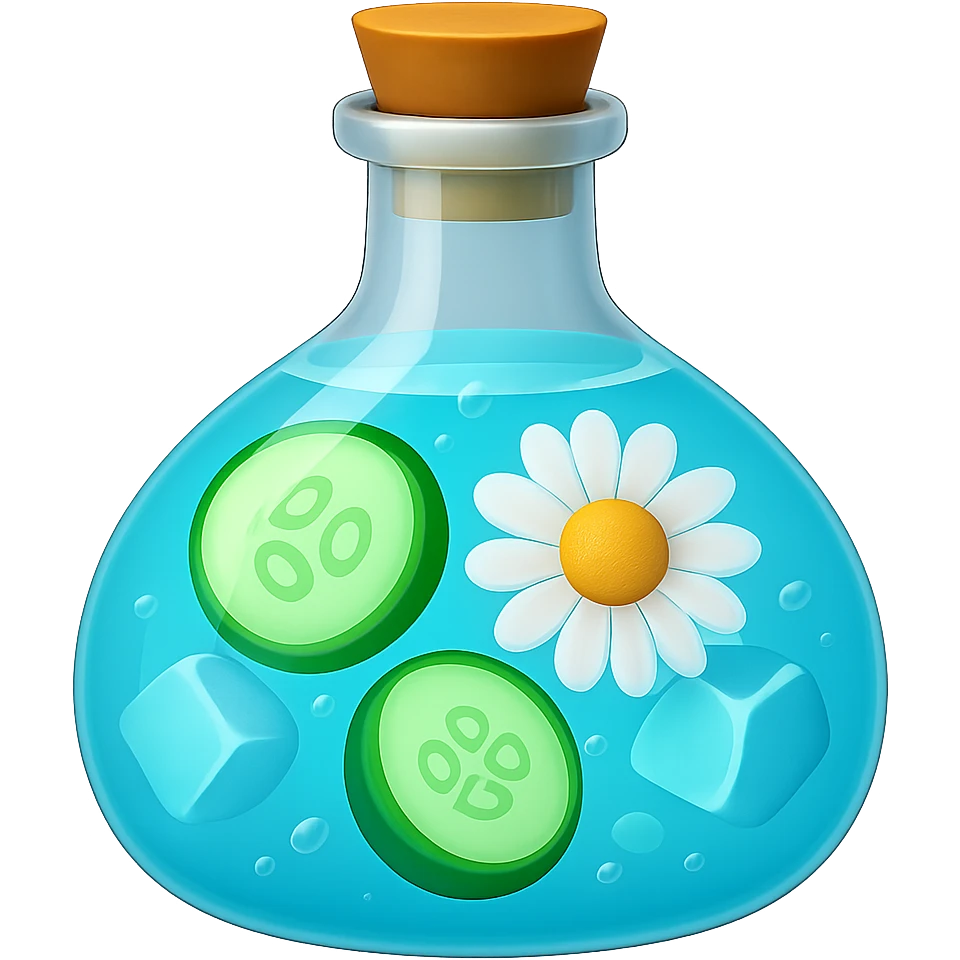 Edit the bottle in the same shape as the reference image. The liquid inside should be color #6fdef1. Inside the bottle, include cucumber slices, more ice cubes than before, and a chamomile flower. The style should resemble apple emoji style with concise and clean details. emoji