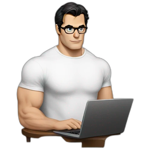 henry cavill clark kent wearing white t-shirt using a laptop front view emoji