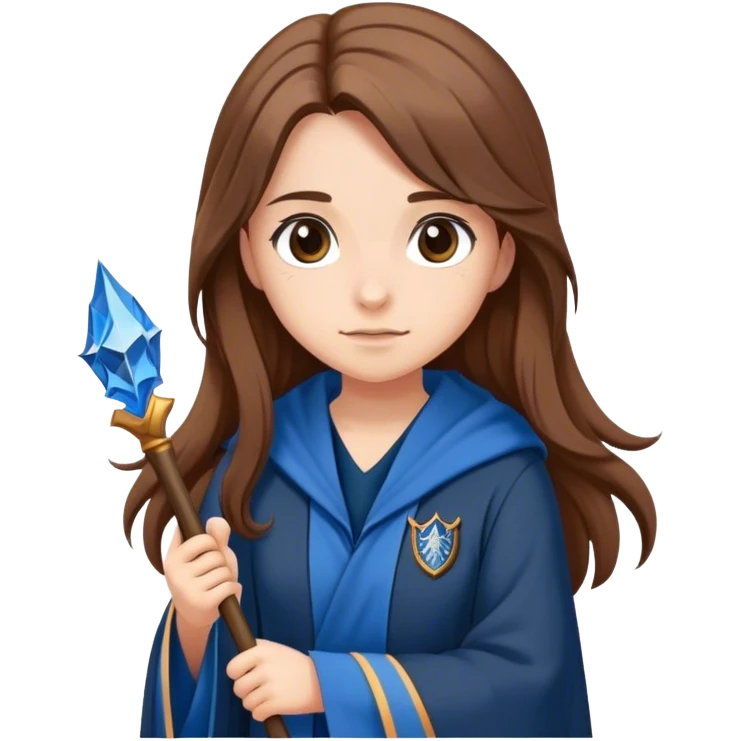 Girl with Long Brown Hair and a ravenclaw rope and a wand emoji