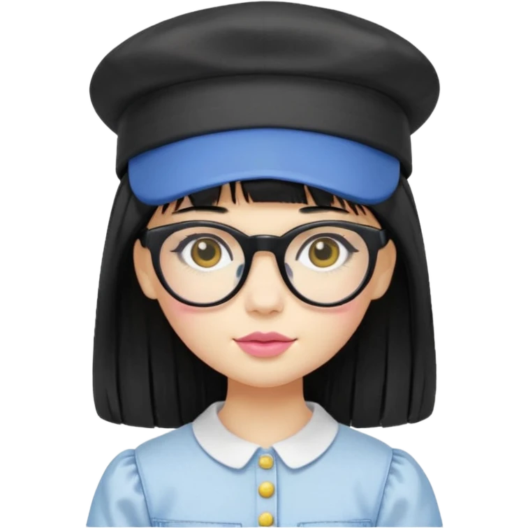 A yellow-skinned girl with long straight black hair, flat bangs, black frame glasses, a white puffy sleeve doll shirt, blue jeans and pink shoes, and a black painter's hat. emoji