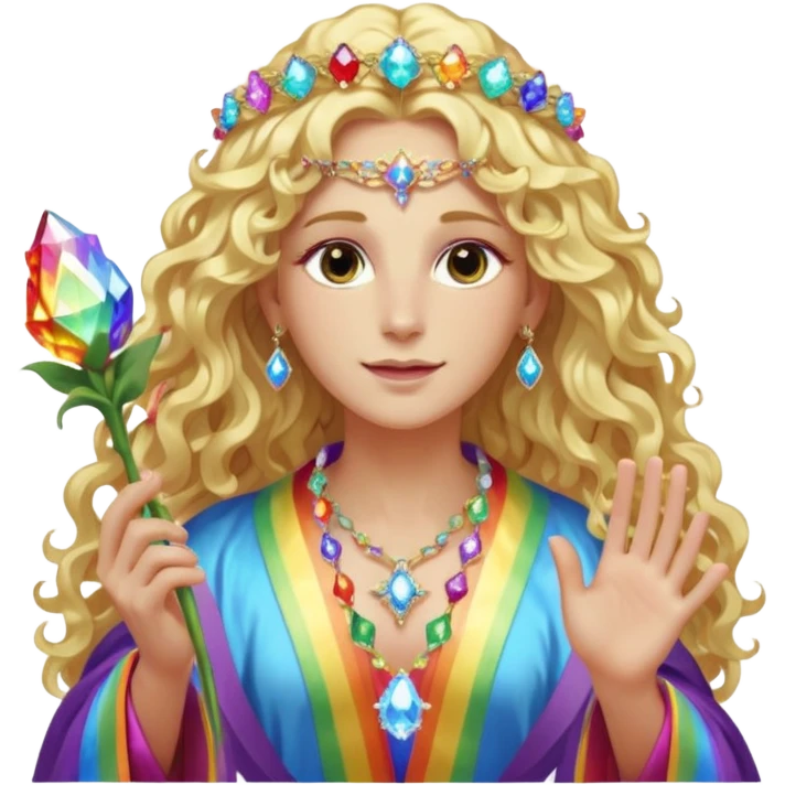 a being made of light pleidian nordic long faces and curly huge thick blond hair but beautiful features of light wearing jewels and a rainbow halo like a saint arount her a robe on made of light and gem  transparent belly dancer and who is lanky holding a bouquet of crystal flowers on rainbow fire emoji