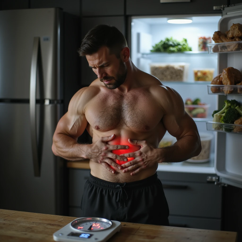 hyperrealistic 4K image of a man in athletic gear doubled over in pain holding his stomach next to a digital scale showing '75kg', open fridge with meal-prep containers of chicken, rice, broccoli in the background emoji