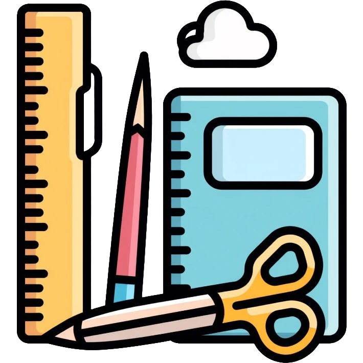 School office supplies with pencil, pen, notebook, ruler, scissors emoji