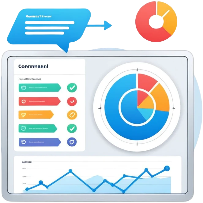 Organizational management system with feedback mechanisms, dashboard with arrows showing information flow, circular process with reports and comments emoji