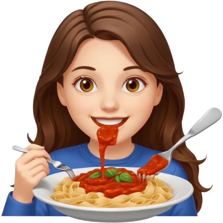 smiling white long brunette hair girl with hazel eyes eating pasta emoji
