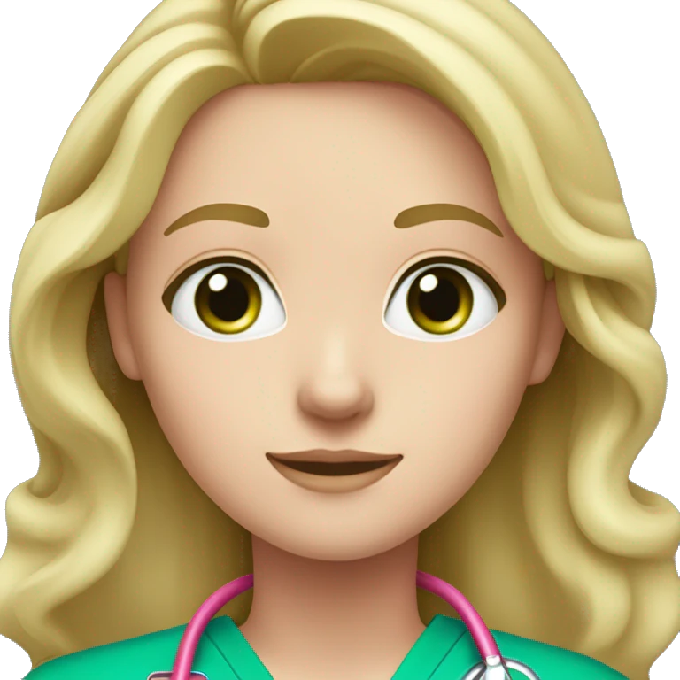 pale blonde girl with long wavy hair and green eyes wearing pink scrubs and stethoscope  emoji