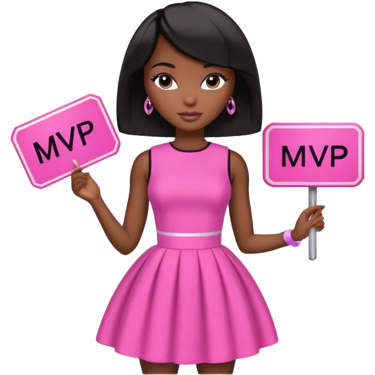 Black barbie, short  black bob  hair, pink dress with a sign that says mvp emoji