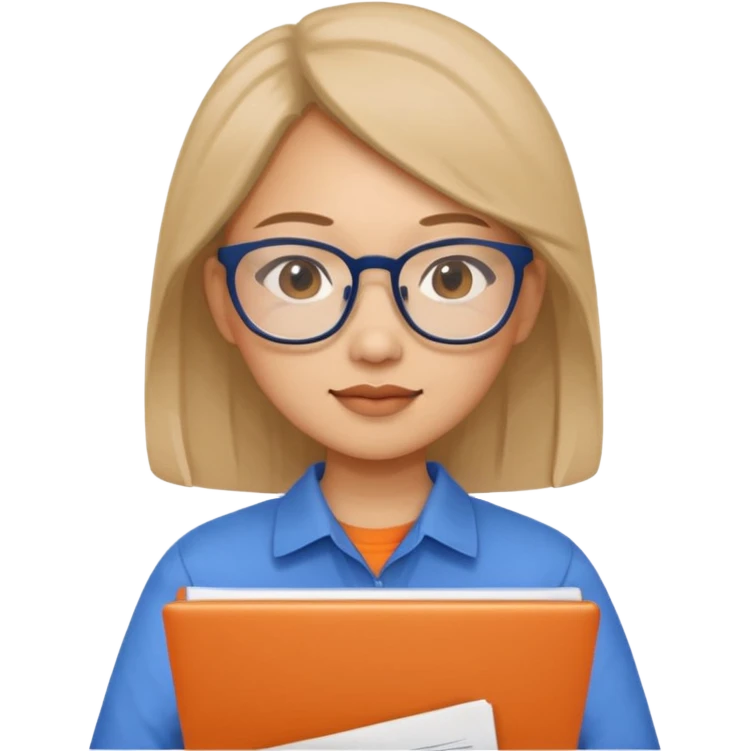 An asian woman with papers and laptop wearing glasses in blue and orange shirt emoji