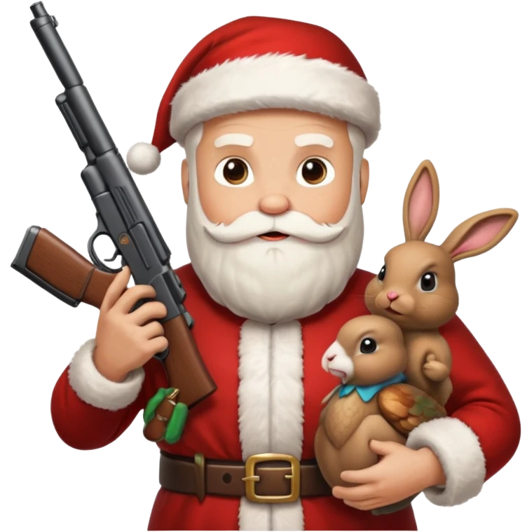 Santa holding a gun, a rabbit, and a turkey emoji
