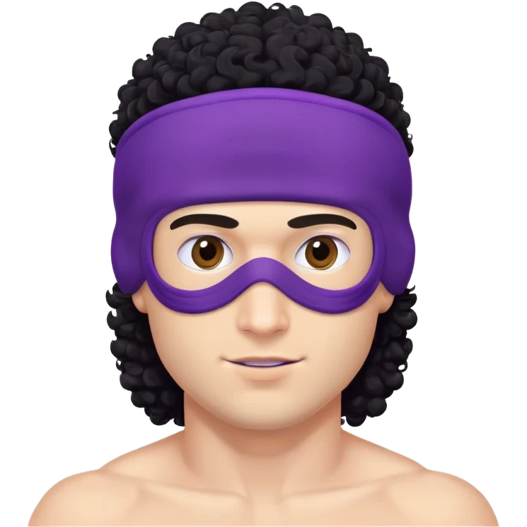 shirtless athletic man with white skin and black curly hair, wearing a purple ski mask emoji